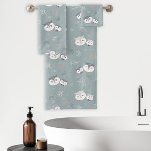 Cute Mom and Son Owl Pattern Blue-Grey Bath Towel Set