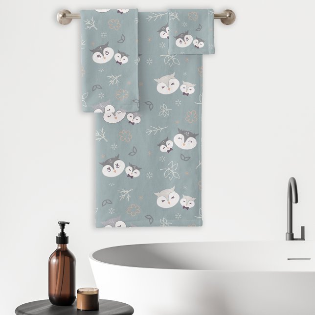 Cute Mom and Son Owl Pattern Blue-Grey Bath Towel Set (Creator Uploaded)