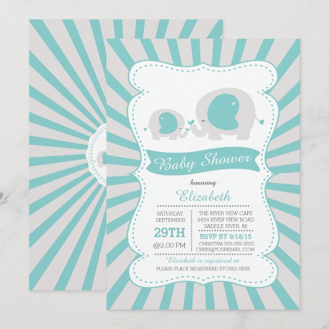 Cute Mom Baby Elephant Boys Baby Shower Invitation (Front/Back)