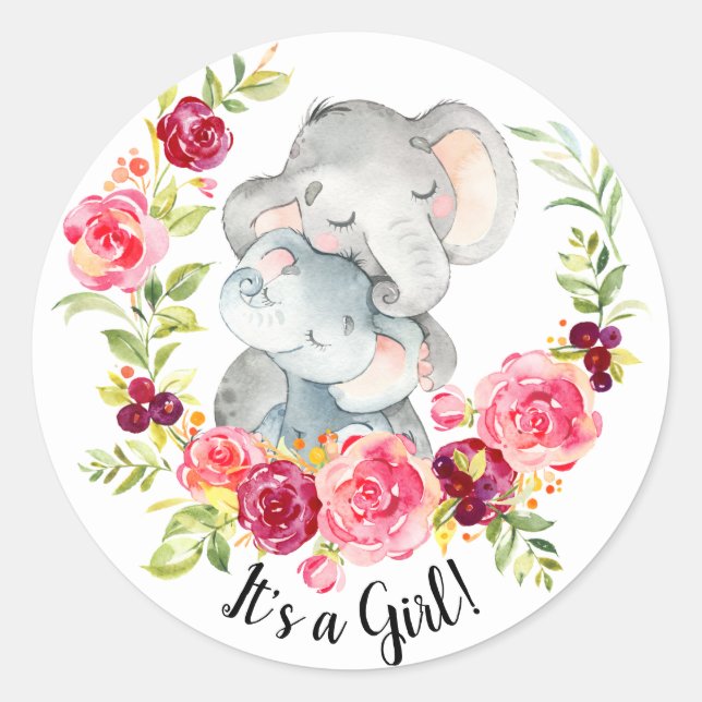 Cute Mom & Baby Elephant It' a Girl Favour Sticker (Front)