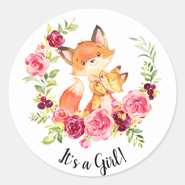 Cute Mom & Baby Fox It' a Girl Favour Sticker (Front)