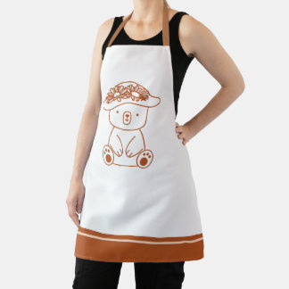 Cute Mom Bear in Flower-Adorned Hat, Brown White Apron
