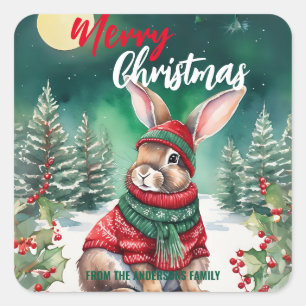Cute MOM bunny rabbit santa Christmas Holiday name Square Sticker