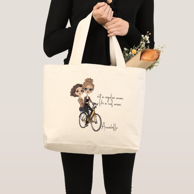 Cute Mom/Daughter on Bicycle Drawing ‘Cool Mom’  Large Tote Bag (Front (Product))