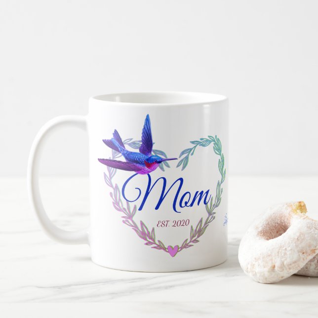 Cute Mom Heart Hummingbird Purple Blue  Coffee Mug (With Donut)