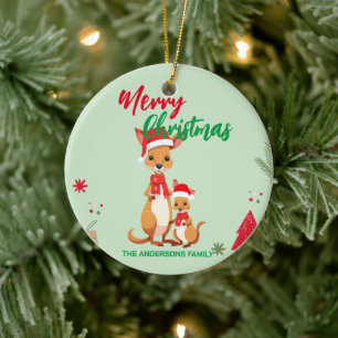 Cute MOM kid Kangaroo santa Christmas Holiday name Ceramic Ornament