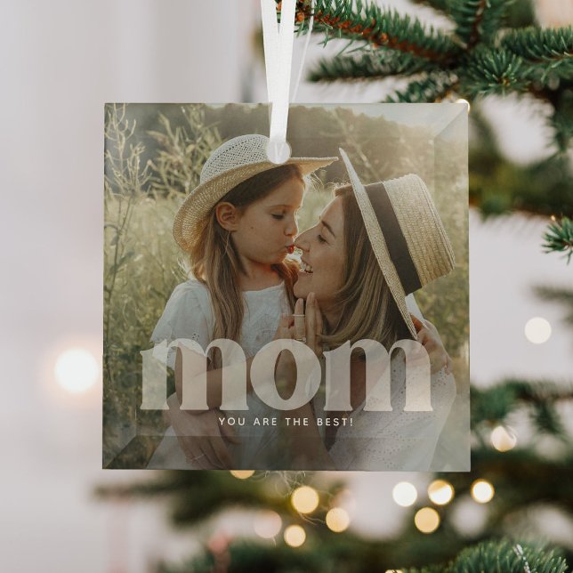Cute Mom Overlay Typography Photo  Glass Ornament (Creator Uploaded)
