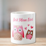 Cute Mom Owls Personalized Pink Coffee Mug<br><div class="desc">A cute mug for the best mom ever! The front of the mug features "Best Mom Ever" (customizable by you) in contemporary pink script and a watercolor of a mom owl with her child and pink hearts. On the sides of the mug, you can personalize with a name (or names)...</div>