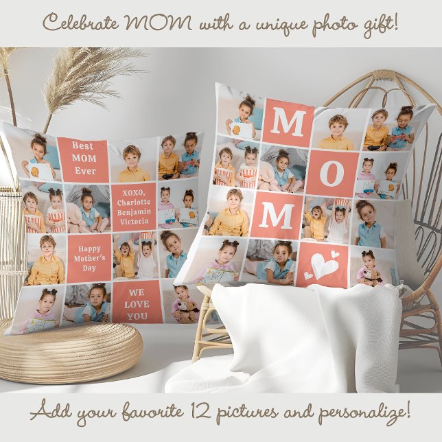 Cute MOM Personalized 12 Photo Collage Coral Peach Throw Pillow (Creator Uploaded)