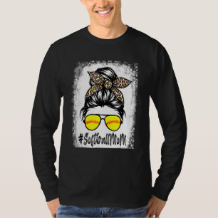 Cute Momlife Softball Mom Leopard Messy Bun Hair M T-Shirt