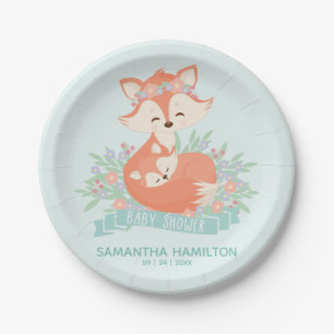 Cute Mommy and Baby Fox Woodland Boy Baby Shower Paper Plate