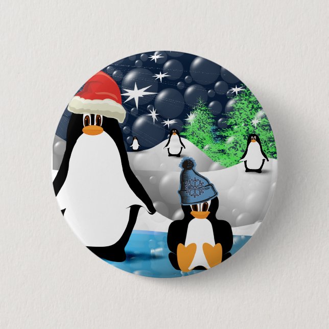 Cute Mommy & Baby Santa Penguins 2 Inch Round Button (Front)