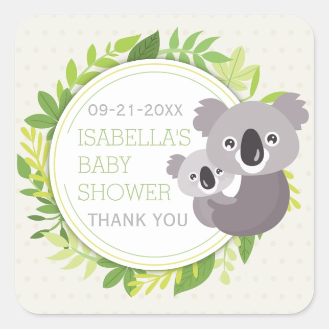 Cute Mommy Koala & Baby Koala Baby Shower Square Sticker (Front)