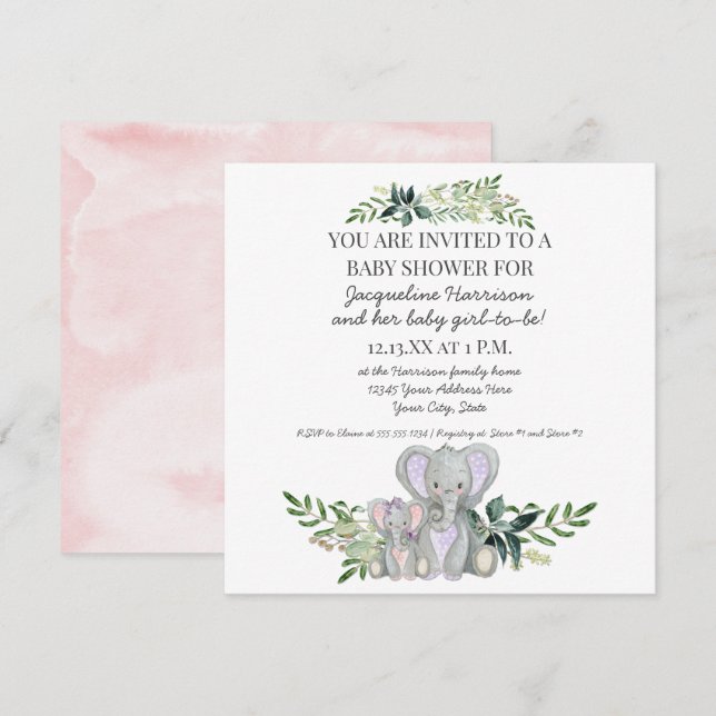Cute Mommy n Baby Elephant w Foliage Girl Shower Invitation (Front/Back)