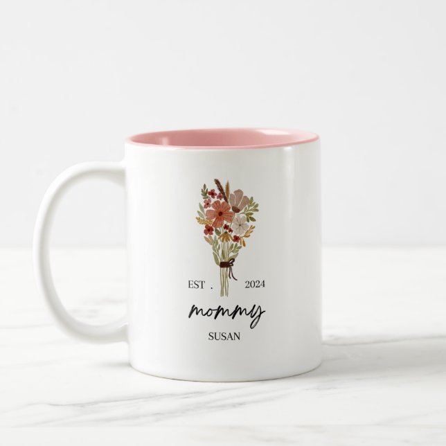 Cute Mommy Susan Est 2024 Floral Rose Mother's Day Two-Tone Coffee Mug (Left)
