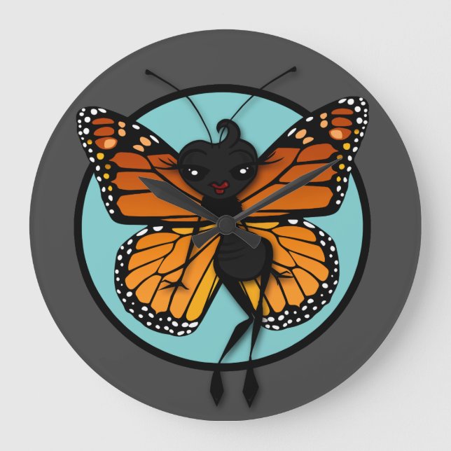 CUTE MONARCH BUTTERFLY LADY LARGE ROUND WALL CLOCK (Front)
