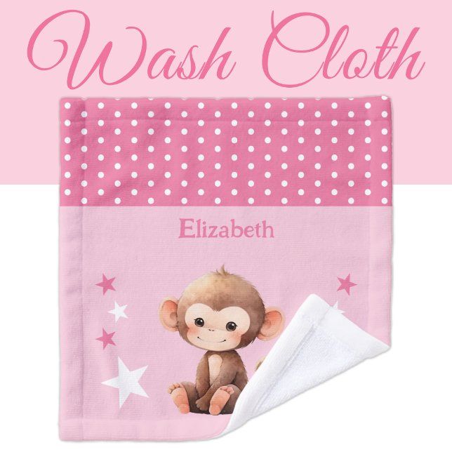 Cute monkey add name polka dots stars pink wash cloth (Creator Uploaded)