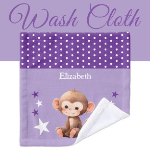 Cute monkey add name polka dots stars purple wash cloth