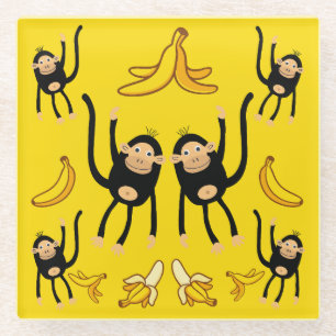 Cute Monkey And Banana Print Glass Coaster