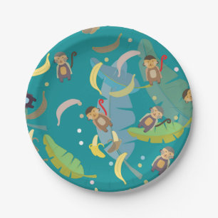 Cute Monkey and Bananas in Tree Pattern Birthday Paper Plate