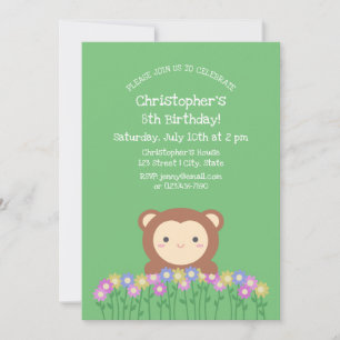 Cute Monkey and Flowers Sage Green Kids Birthday Invitation
