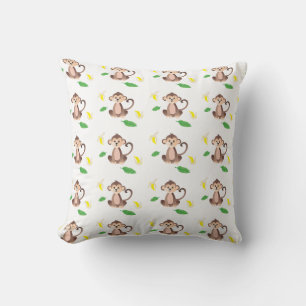 Cute Monkey Banana Tropical Leaf Pattern Green Throw Pillow