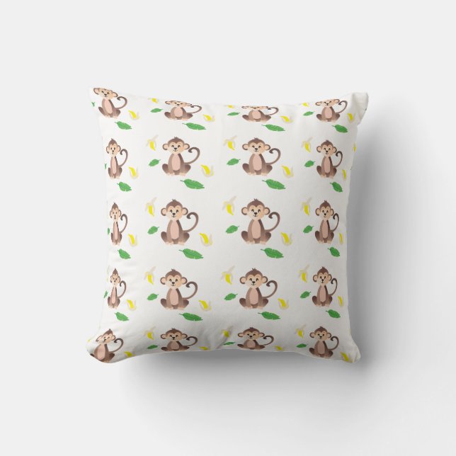 Cute Monkey Banana Tropical Leaf Pattern Green Throw Pillow (Front)