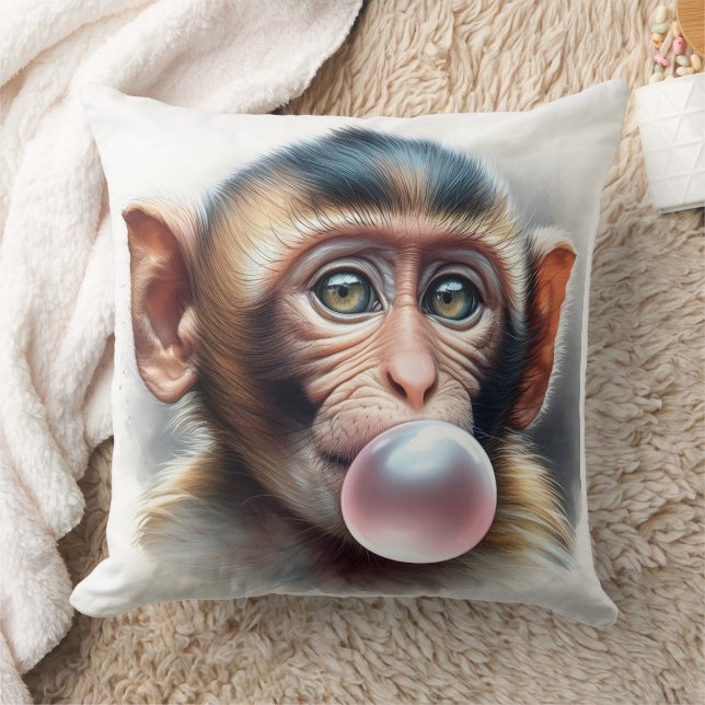 Cute Monkey Blowing Bubbles Bubble Gum Throw Pillow (Blanket)