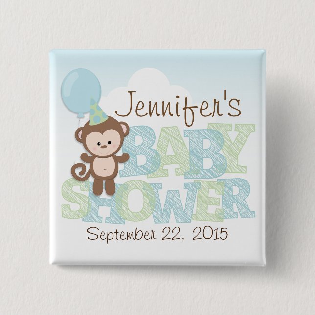 Cute Monkey; Blue & Green Baby Shower 2 Inch Square Button (Front)