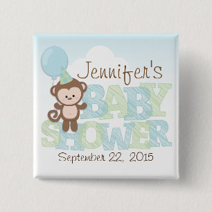 Cute Monkey; Blue & Green Baby Shower 2 Inch Square Button