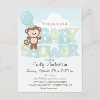 Cute Monkey; Blue & Green Baby Shower Invitation Postcard