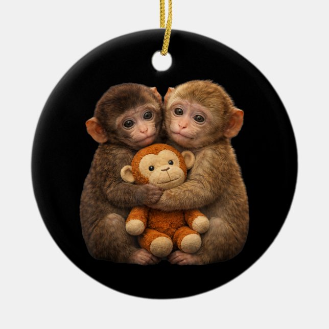 Cute Monkey Couple Hugging Monkey Punch Plush Art Ceramic Ornament (Front)