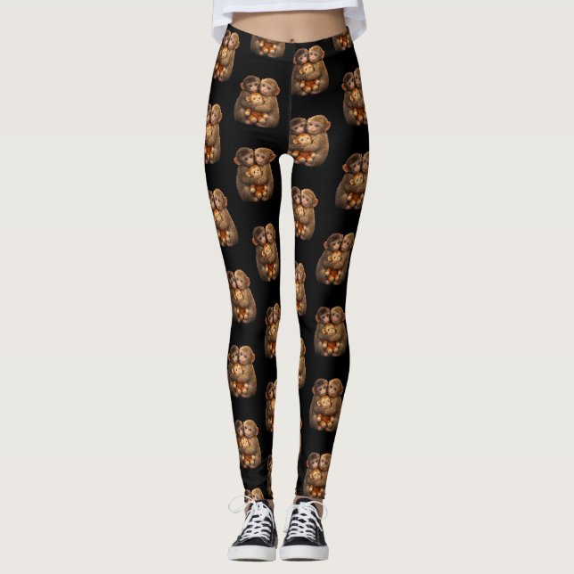 Cute Monkey Couple Hugging Monkey Punch Plush Art Leggings (Front)