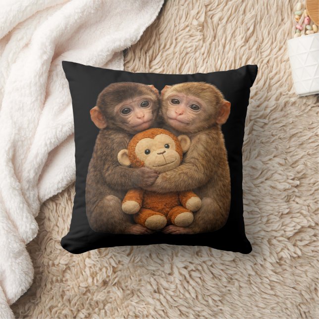 Cute Monkey Couple Hugging Monkey Punch Plush Art Throw Pillow (Blanket)