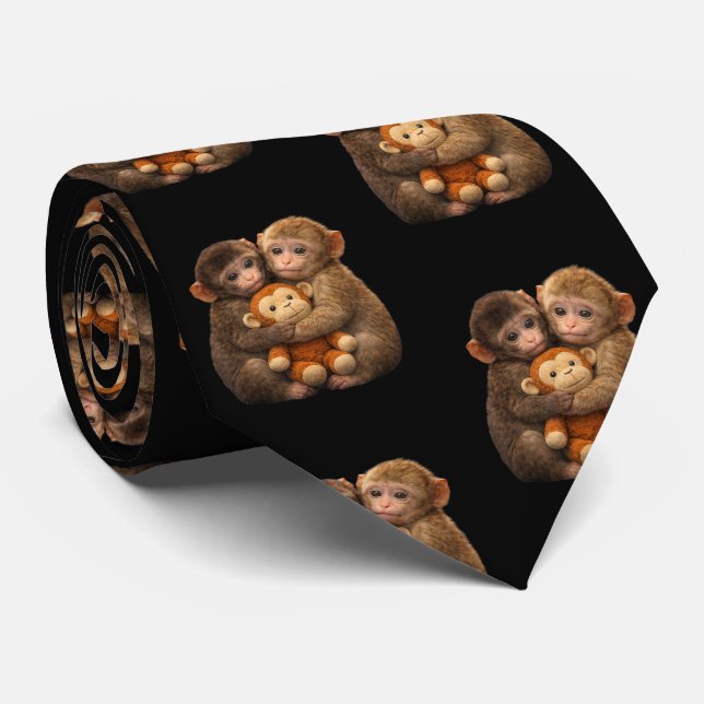 Cute Monkey Couple Hugging Monkey Punch Plush Art Tie (Rolled)