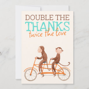 Cute Monkey Double Trouble Twins Baby Shower Thank You Card