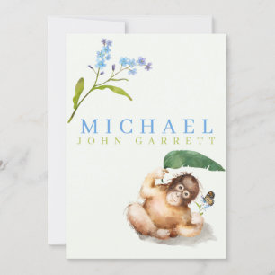 Cute monkey floral pastel photo baby boy birth announcement
