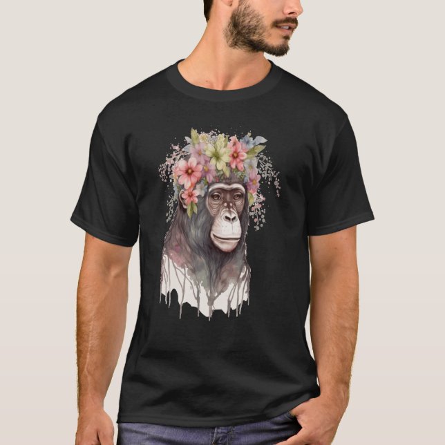 Cute Monkey Flower Crown Floral Watercolor T-Shirt (Front)
