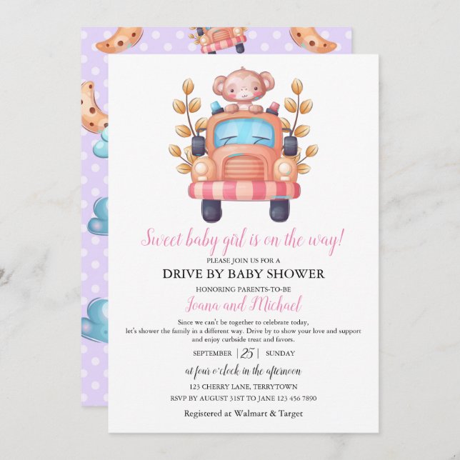 Cute Monkey Girl Baby Shower Drive Through    Invitation (Front/Back)
