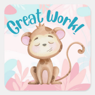 Cute Monkey Great Work Teacher Student Reward Square Sticker