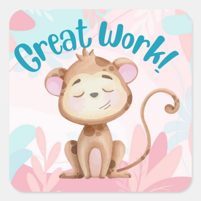 Cute Monkey Great Work Teacher Student Reward Square Sticker (Front)