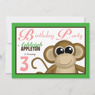 Cute Monkey Green Pink Birthday Party Invitations