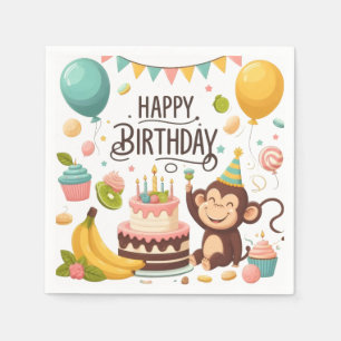 Cute Monkey Happy Birthday Party Cake Napkin