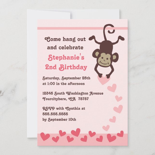 Cute monkey hearts girls birthday party invitation (Front)