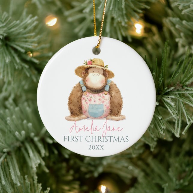 Cute Monkey Illustration Girl First Christmas Ceramic Ornament (Tree)