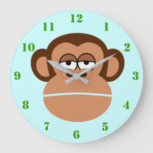 CUTE MONKEY ILLUSTRATION WITH GREEN NUMERALS LARGE CLOCK