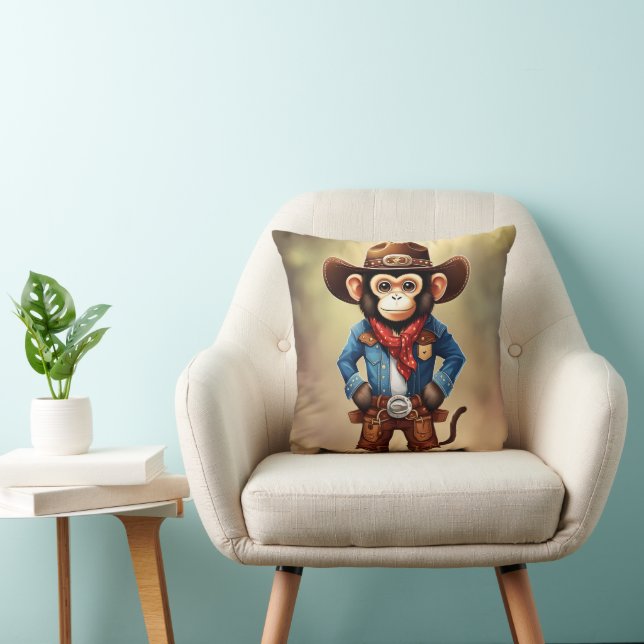 Cute monkey in a cowboy costume throw pillow (Chair)
