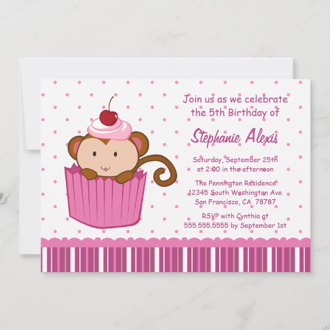 Cute monkey in a cupcake birthday party invitation (Front)