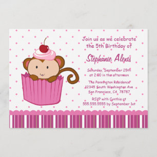 Cute monkey in a cupcake birthday party invitation