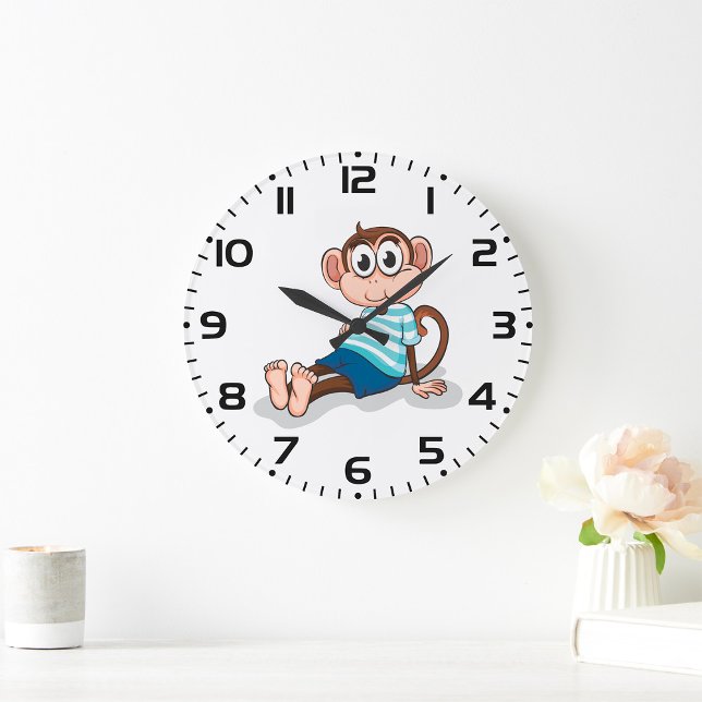 Cute Monkey in Blue Striped Shirt and Shorts Large Clock (Creator Uploaded)